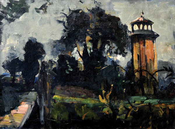 Image - Vasyl Khmeliuk: Landscape with a Tower (1930).